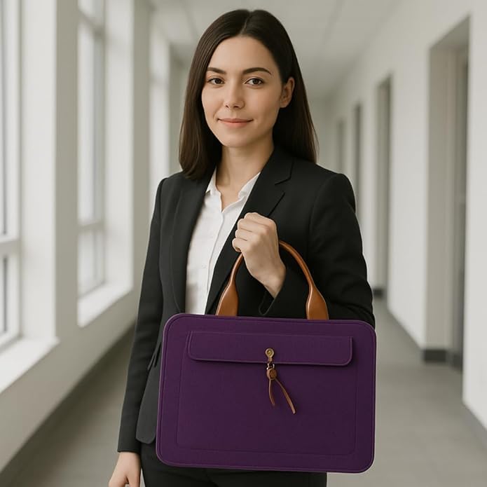 Tannero Professional Felt Laptop Bag, Brown Leather Handles, Business Briefcase, Upto 15.6 inch laptop (Purple) - O21 Business Services