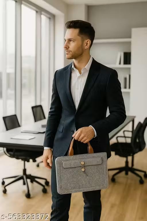 Tannero Professional Felt Laptop Bag, Brown Leather Handles, Business Briefcase, Upto 15.6 inch laptop (Grey Melange) - O21 Business Services