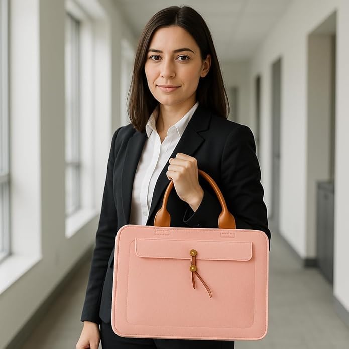 Tannero Professional Felt Laptop Bag, Brown Leather Handles, Business Briefcase, Upto 15.6 inch laptop (Pink) - O21 Business Services
