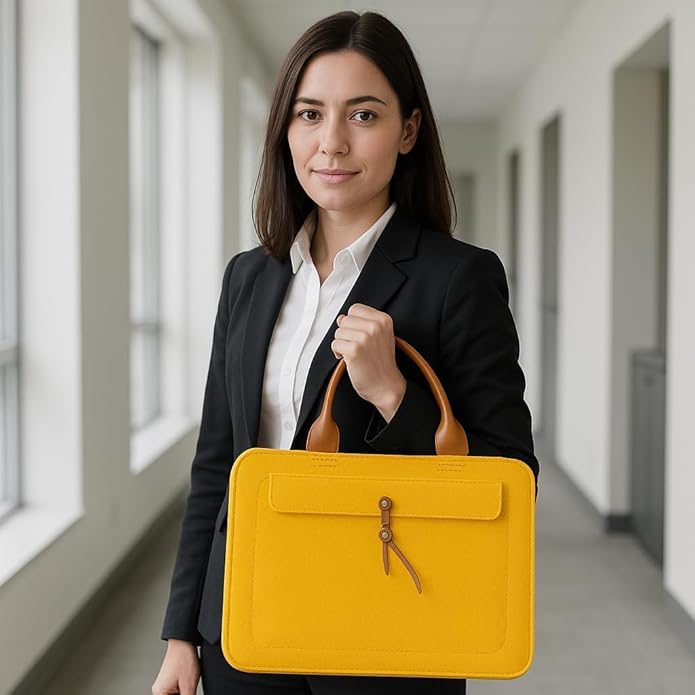 Tannero Professional Felt Laptop Bag, Brown Leather Handles, Business Briefcase, Upto 15.6 inch laptop (Yellow) - O21 Business Services