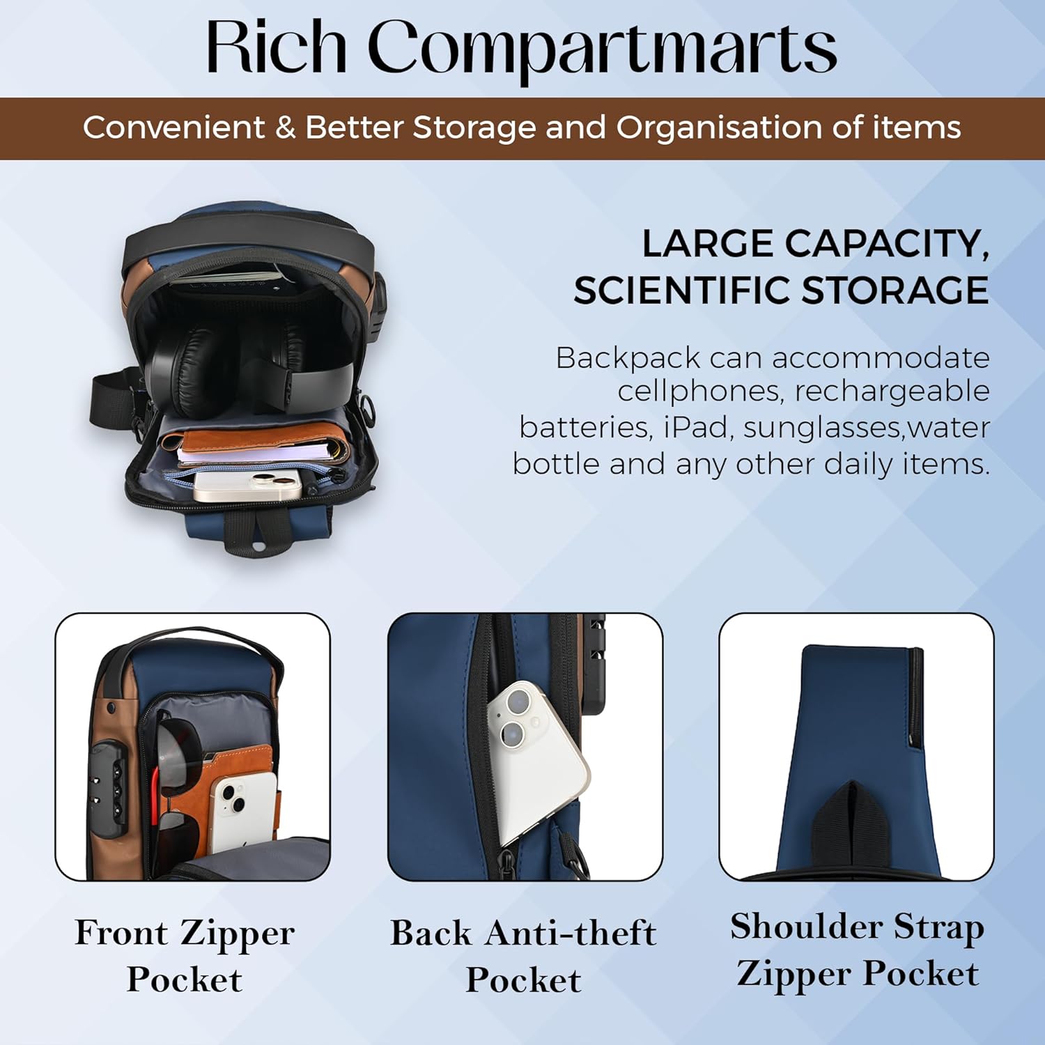 Tannero Blue Urban Anti-Theft Sling Bag with Lock, USB Port & PU Strap