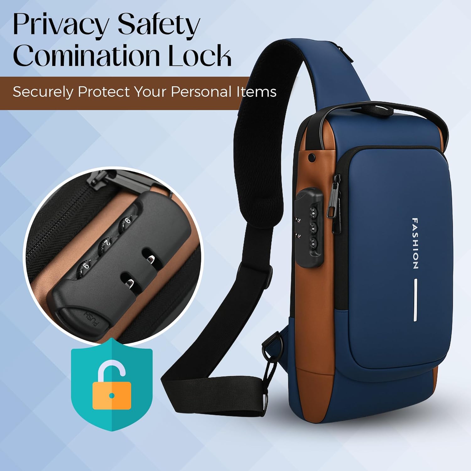 Tannero Blue Urban Anti-Theft Sling Bag with Lock, USB Port & PU Strap