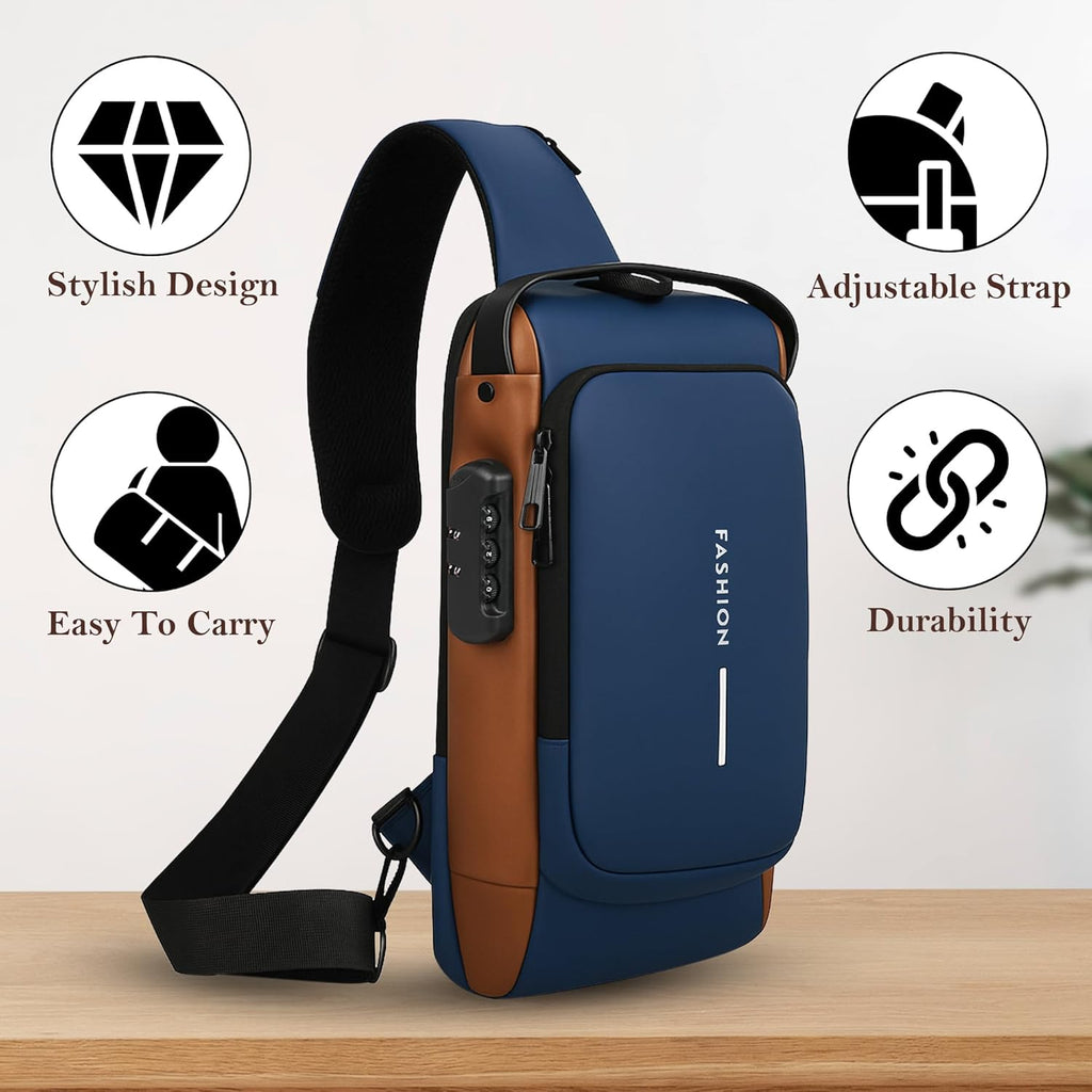 Tannero Blue Urban Anti-Theft Sling Bag with Lock, USB Port & PU Strap
