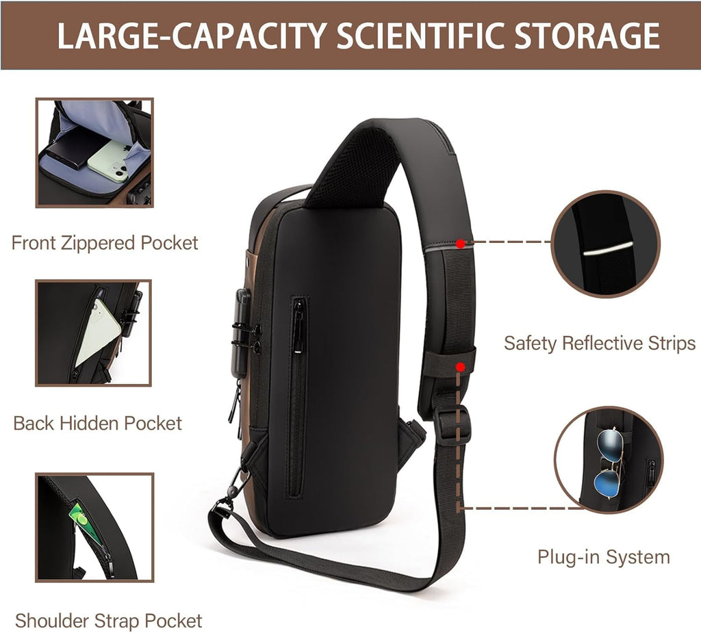 Tannero Black Urban Anti-Theft Sling Bag with Lock, USB Port & PU Strap