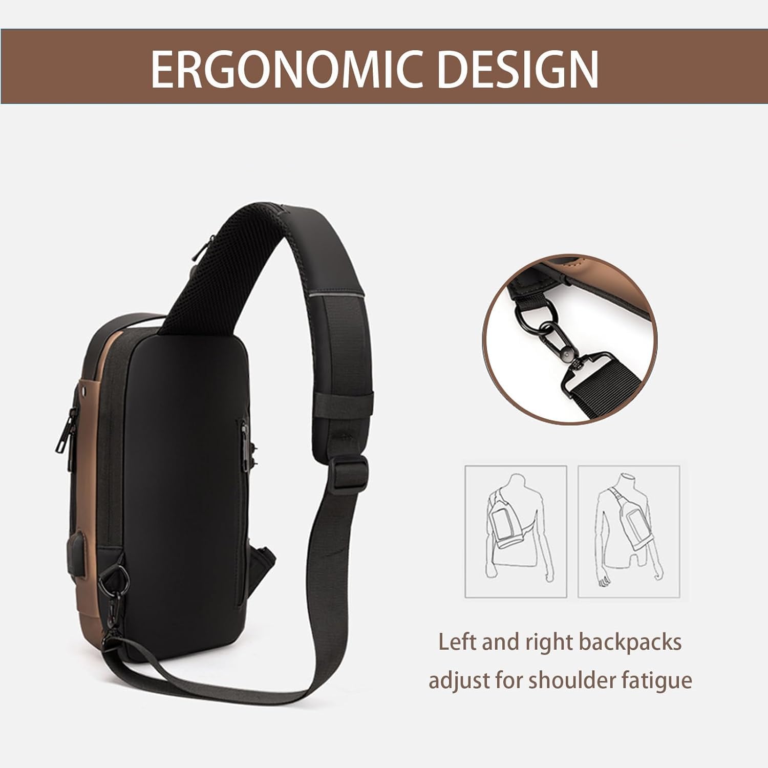 Tannero Black Urban Anti-Theft Sling Bag with Lock, USB Port & PU Strap