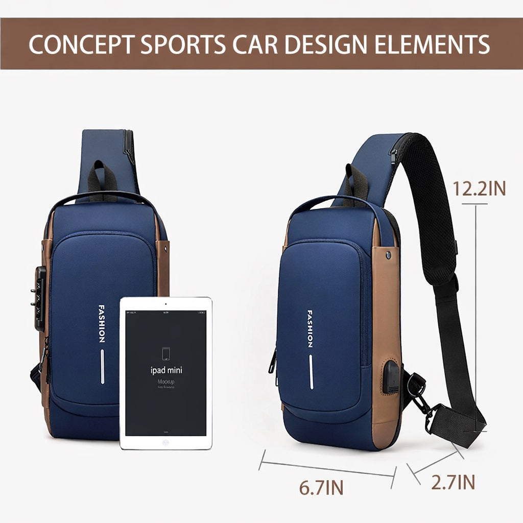 Tannero Blue Urban Anti-Theft Sling Bag with Lock, USB Port & PU Strap
