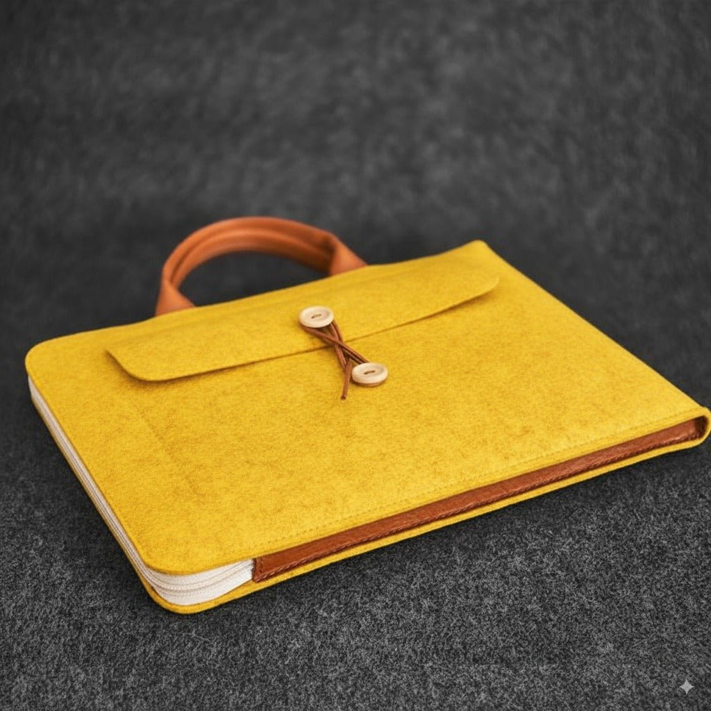 Tannero Professional Felt Laptop Bag, Brown Leather Handles, Business Briefcase, Upto 15.6 inch laptop (Yellow) - O21 Business Services