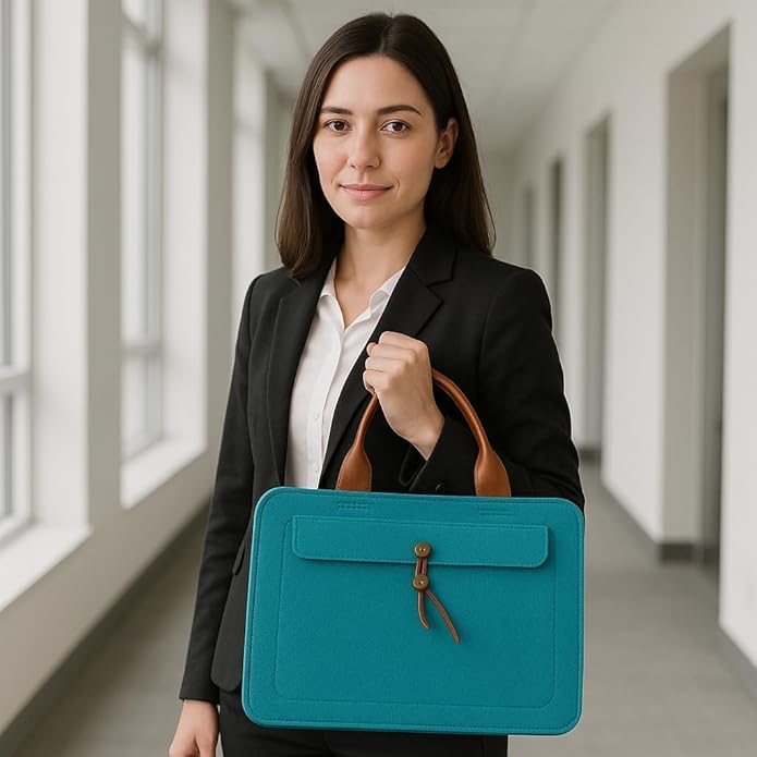 Tannero Professional Felt Laptop Bag, Brown Leather Handles, Business Briefcase, Upto 15.6 inch laptop (Teal) - O21 Business Services